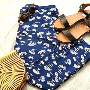 Blue Palm Tree Print Pants